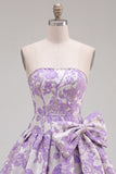 Strapless Pearl Purple Jacquard A Line Homecoming Dress with Bow