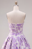 Strapless Pearl Purple Jacquard A Line Homecoming Dress with Bow