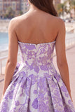 Strapless Pearl Purple Jacquard A Line Homecoming Dress with Bow