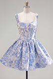 Pink Jacquard A Line Square Neck Corset Homecoming Dress with Pearls