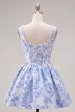 Pink Jacquard A Line Square Neck Corset Homecoming Dress with Pearls