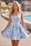 Pink Jacquard A Line Square Neck Corset Homecoming Dress with Pearls