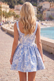 Pink Jacquard A Line Square Neck Corset Homecoming Dress with Pearls