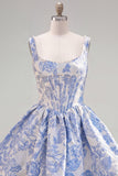 Pink Jacquard A Line Square Neck Corset Homecoming Dress with Pearls