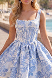 Pink Jacquard A Line Square Neck Corset Homecoming Dress with Pearls