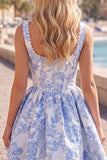 Pink Jacquard A Line Square Neck Corset Homecoming Dress with Pearls