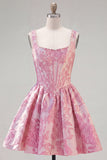 Pink Jacquard A Line Square Neck Corset Homecoming Dress with Pearls