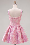 Pink Jacquard A Line Square Neck Corset Homecoming Dress with Pearls