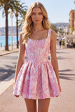 Pink Jacquard A Line Square Neck Corset Homecoming Dress with Pearls