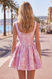 Pink Jacquard A Line Square Neck Corset Homecoming Dress with Pearls