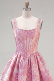 Pink Jacquard A Line Square Neck Corset Homecoming Dress with Pearls