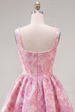 Pink Jacquard A Line Square Neck Corset Homecoming Dress with Pearls