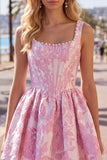 Pink Jacquard A Line Square Neck Corset Homecoming Dress with Pearls