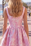 Pink Jacquard A Line Square Neck Corset Homecoming Dress with Pearls