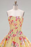 Sweetheart Corset Yellow Floral A Line Homecoming Dress