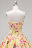 Sweetheart Corset Yellow Floral A Line Homecoming Dress