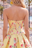 Sweetheart Corset Yellow Floral A Line Homecoming Dress