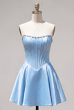 Strapless Fuchsia Corset Satin A Line Homecoming Dress with Pearls