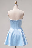 Strapless Fuchsia Corset Satin A Line Homecoming Dress with Pearls