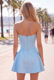 Strapless Fuchsia Corset Satin A Line Homecoming Dress with Pearls