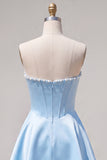 Strapless Fuchsia Corset Satin A Line Homecoming Dress with Pearls