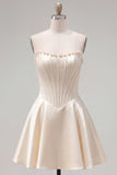 Strapless Fuchsia Corset Satin A Line Homecoming Dress with Pearls