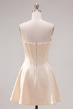 Strapless Fuchsia Corset Satin A Line Homecoming Dress with Pearls