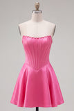Strapless Fuchsia Corset Satin A Line Homecoming Dress with Pearls