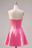 Strapless Fuchsia Corset Satin A Line Homecoming Dress with Pearls