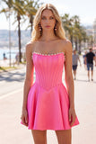Strapless Fuchsia Corset Satin A Line Homecoming Dress with Pearls
