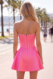 Strapless Fuchsia Corset Satin A Line Homecoming Dress with Pearls