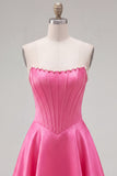 Strapless Fuchsia Corset Satin A Line Homecoming Dress with Pearls