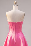 Strapless Fuchsia Corset Satin A Line Homecoming Dress with Pearls