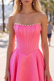 Strapless Fuchsia Corset Satin A Line Homecoming Dress with Pearls