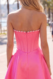Strapless Fuchsia Corset Satin A Line Homecoming Dress with Pearls