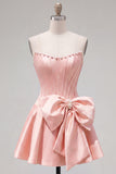 Royal Blue Pearl Strapless A Line Corset Homecoming Dress with Bow