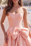 Royal Blue Pearl Strapless A Line Corset Homecoming Dress with Bow