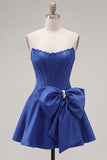Royal Blue Pearl Strapless A Line Corset Homecoming Dress with Bow