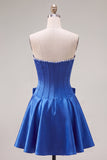 Royal Blue Pearl Strapless A Line Corset Homecoming Dress with Bow