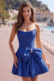 Royal Blue Pearl Strapless A Line Corset Homecoming Dress with Bow