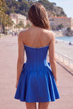 Royal Blue Pearl Strapless A Line Corset Homecoming Dress with Bow