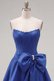 Royal Blue Pearl Strapless A Line Corset Homecoming Dress with Bow