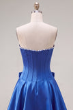 Royal Blue Pearl Strapless A Line Corset Homecoming Dress with Bow