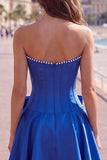 Royal Blue Pearl Strapless A Line Corset Homecoming Dress with Bow