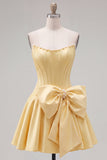Royal Blue Pearl Strapless A Line Corset Homecoming Dress with Bow