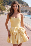 Royal Blue Pearl Strapless A Line Corset Homecoming Dress with Bow