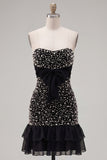 Balck Strapless Pearls Bodycon Short Homecoming Dress with Bow