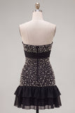 Balck Strapless Pearls Bodycon Short Homecoming Dress with Bow