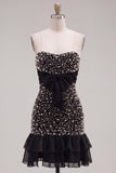 Balck Strapless Pearls Bodycon Short Homecoming Dress with Bow