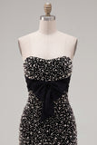 Balck Strapless Pearls Bodycon Short Homecoming Dress with Bow